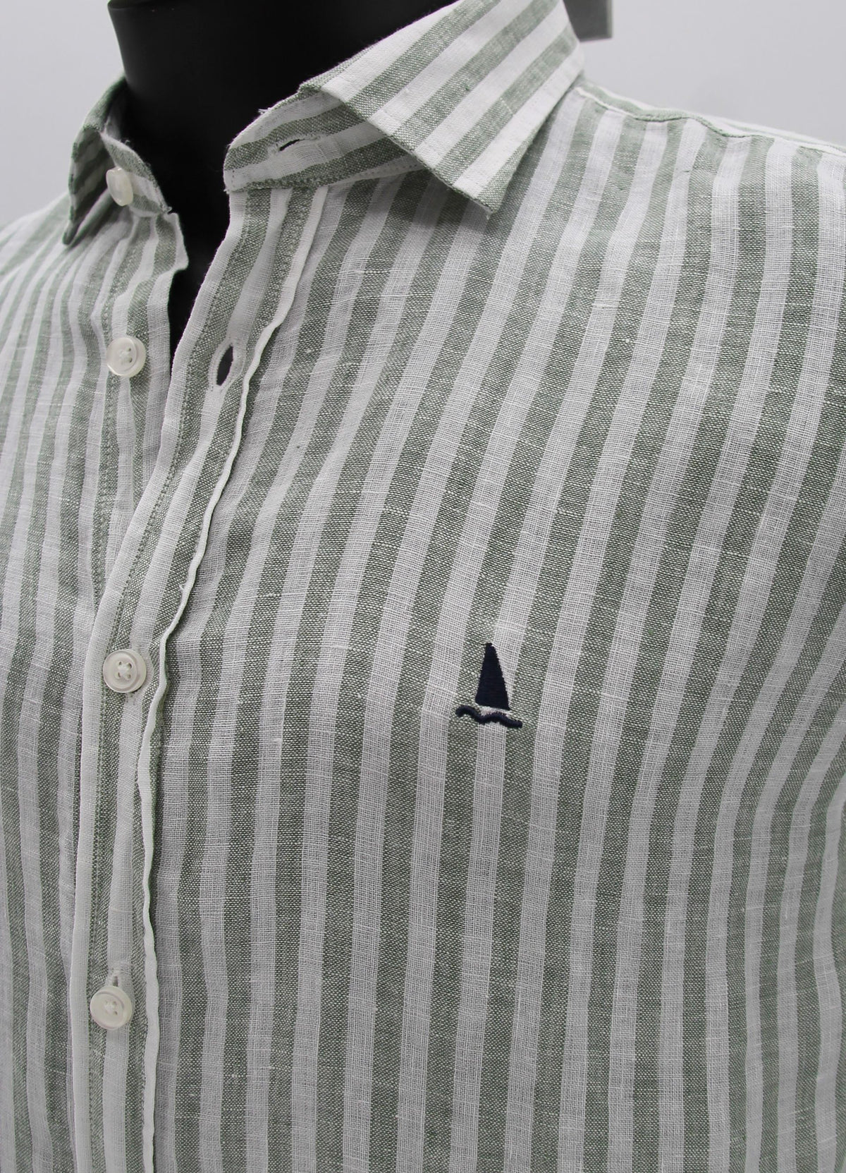 Camisa Lino Manga Larga Verde y Blanco